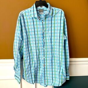 Thomas Dean Blue and Green Plaid Button-Down Shirt Size XL
